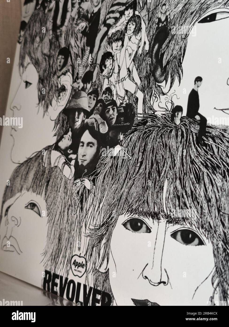 The Beatles 1966 seventh studio album Revolver vinyl record cover design close up view Stock Photo