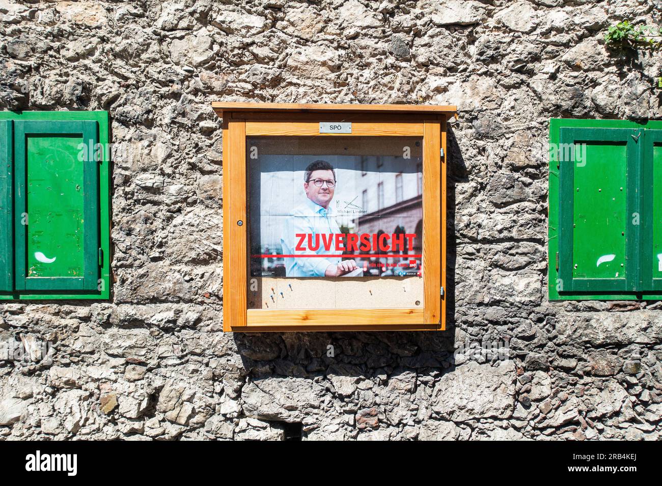 Poster of SPO, Michael Lindner, ZUVERSICHT FUR EINE KLARE LINIE, pre-election campaign in Halstatt, Austria, June 29, 2023. (CTK Photo/Libor Sojka) Stock Photo