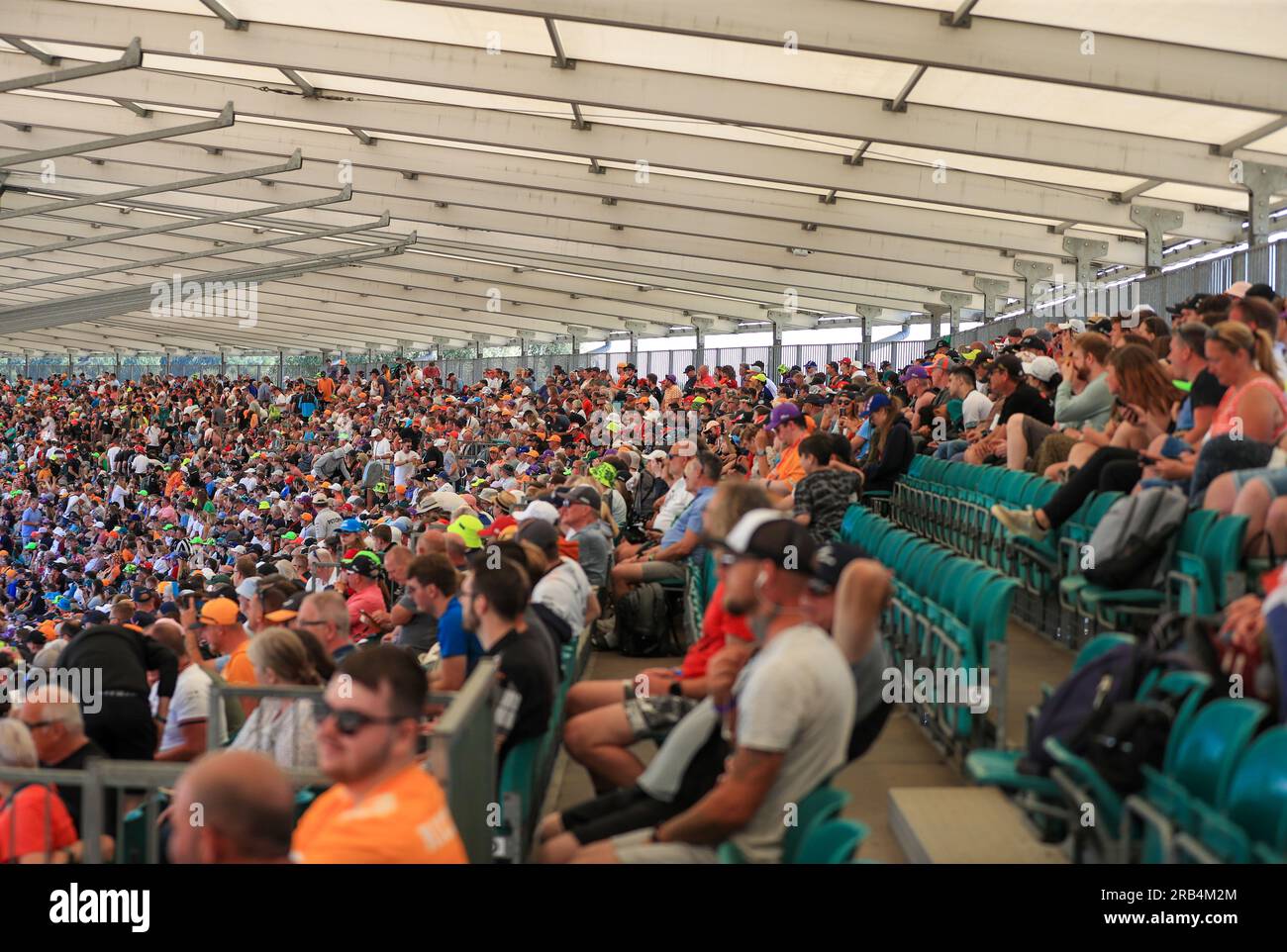 Fans in the stands on practice day ahead of the British Grand Prix 2023 at Silverstone, Towcester. Picture date: Friday July 7, 2022. Stock Photo