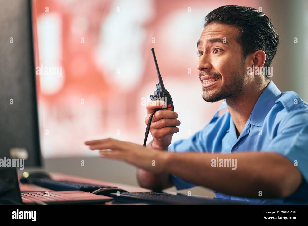 Man, police and walkie talkie for radio signal, alert or panic in code