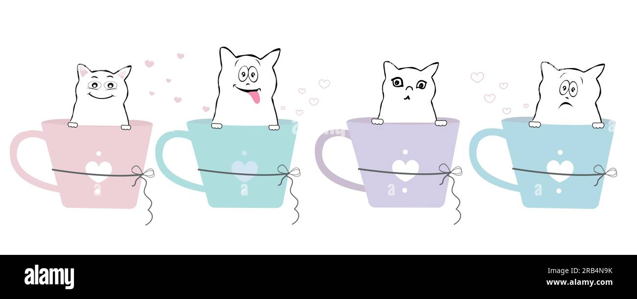 Cute cats with pastel coffee cups banner design illustration Stock