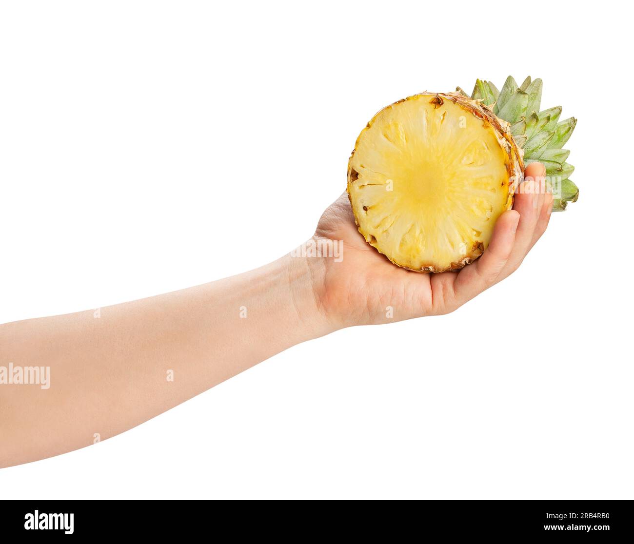 sliced pineapple in hand path isolated on white Stock Photo