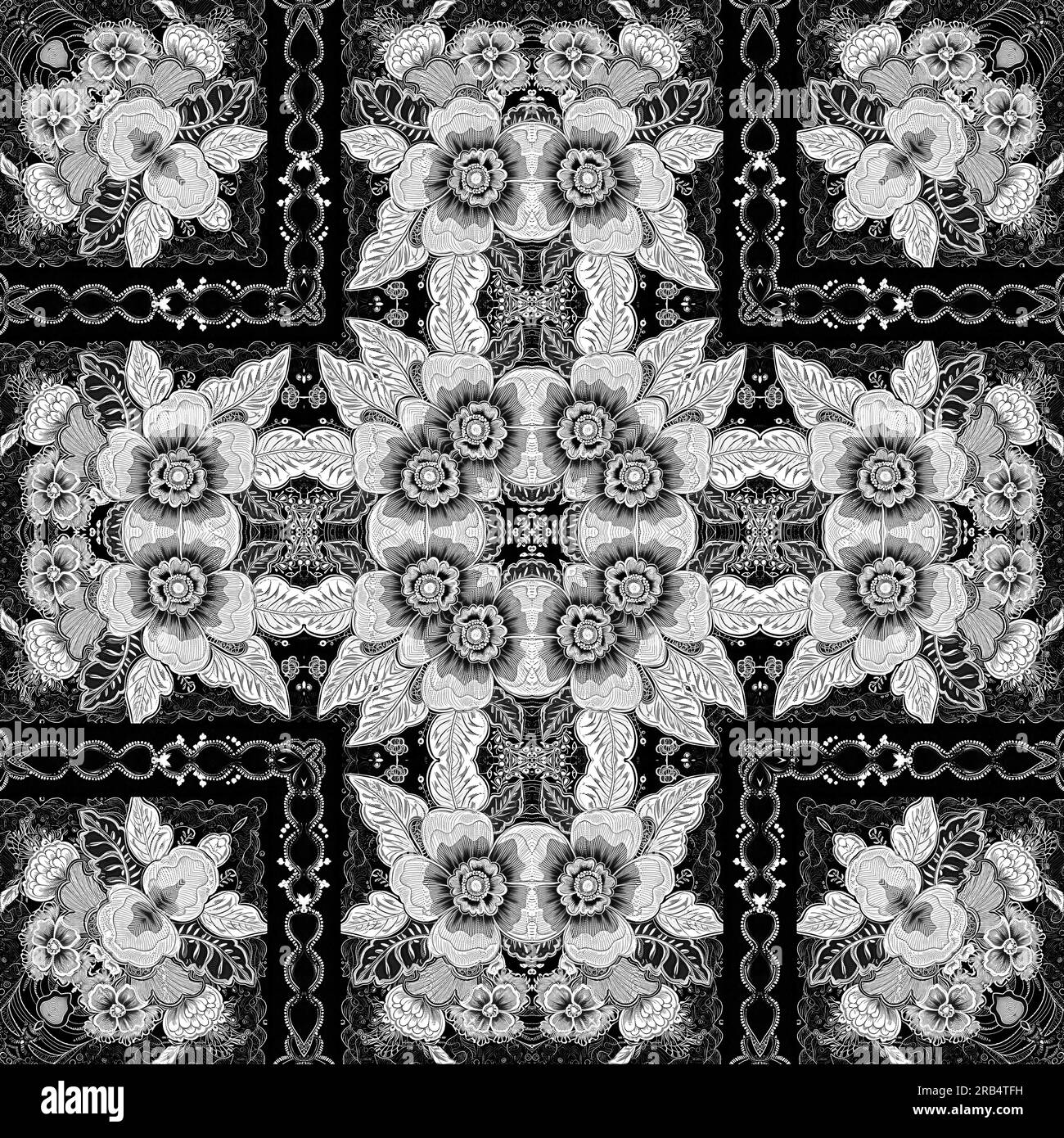 Intricate black and white lace folk flower pattern with an elegant ...