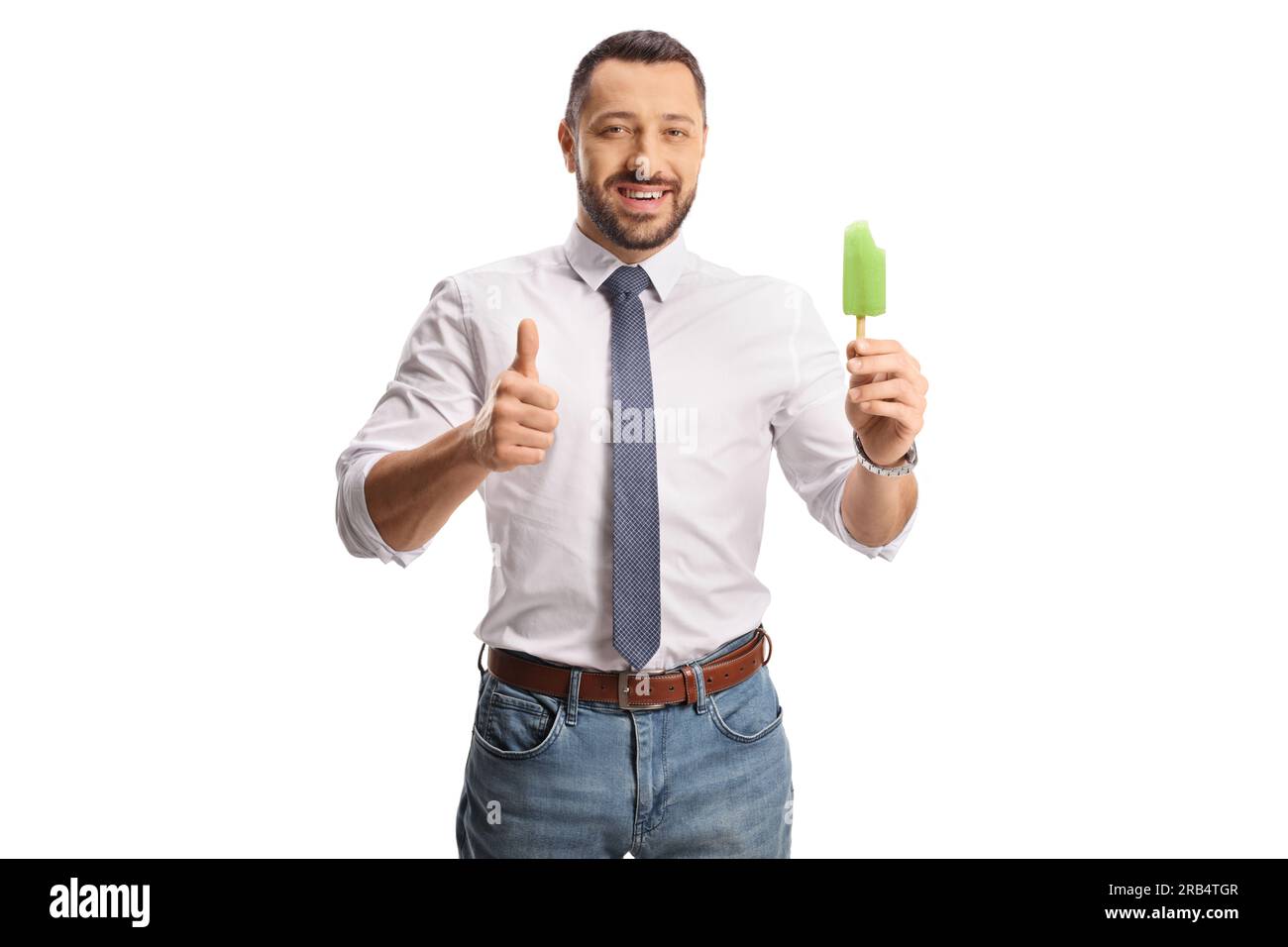 Young man holding an ice cream and showing thumbs up isolated on white background Stock Photo