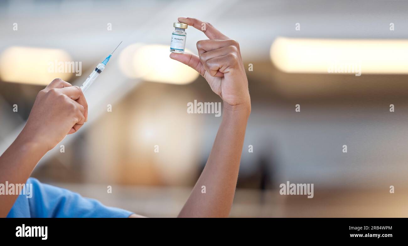 Monkeypox Injection Vaccine, hands and doctor with syringe for monkeypox, bottle and ...