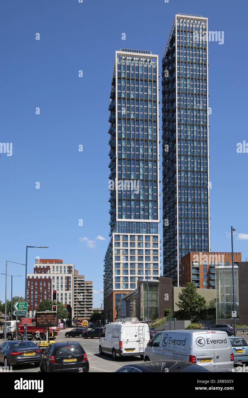 The twin towers of One West Point, a new residential development next to the busy A40 Western Avenue, North Acton, London, UK. Stock Photo