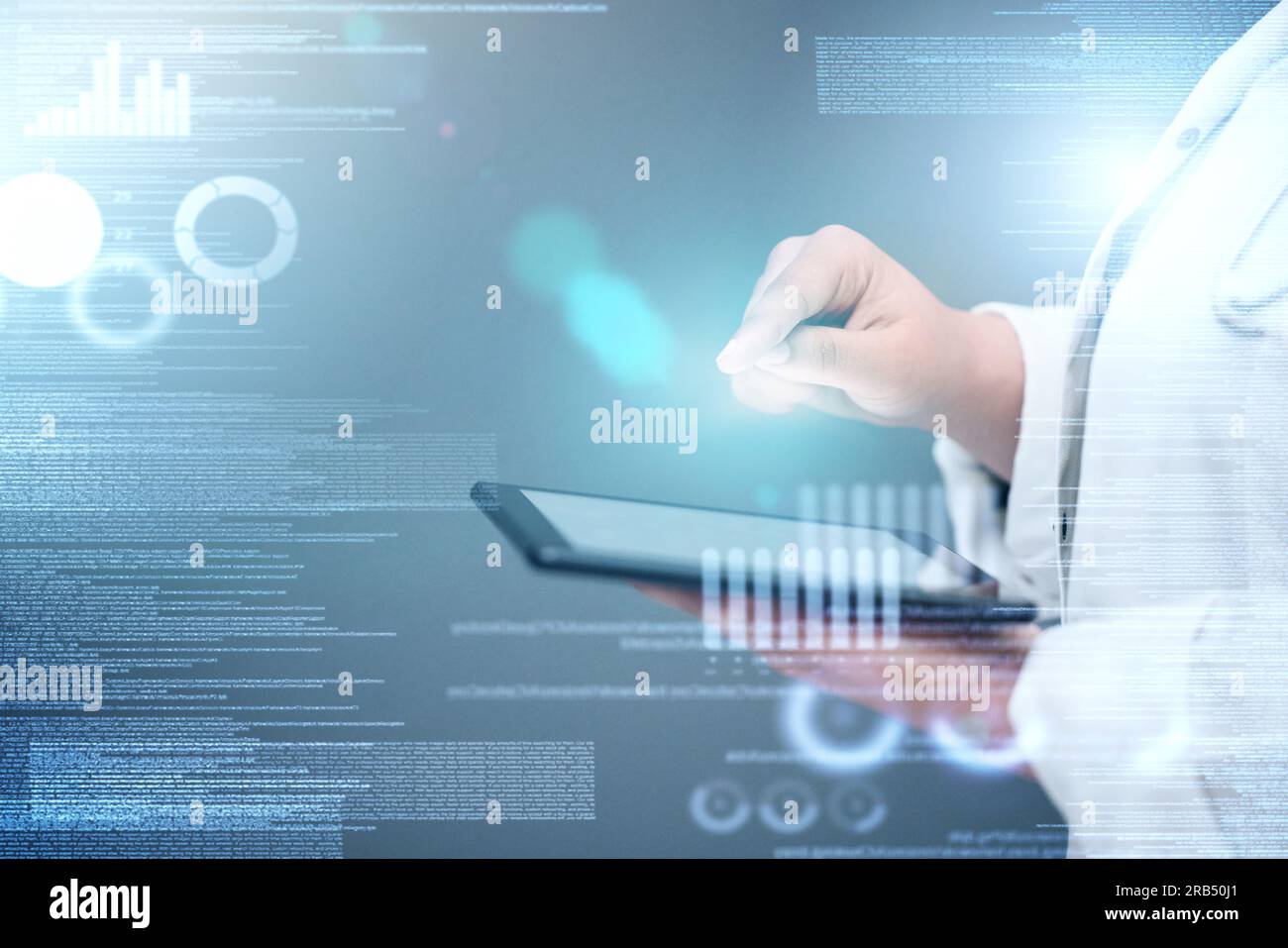 Doctor, hands and tablet with data overlay for healthcare innovation ...