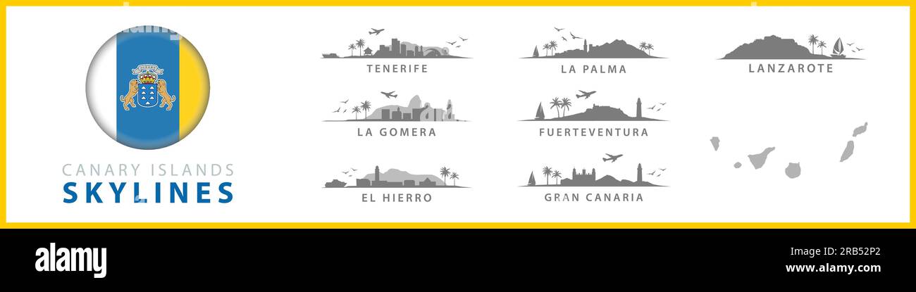 Canary Islands Skylines, Silhouettes of Tenerife, La Palma, Gran Canaria, Fuerteventura, Lanzarote, El Hierro. Spanish Tropical Travel Destinations. Stock Vector