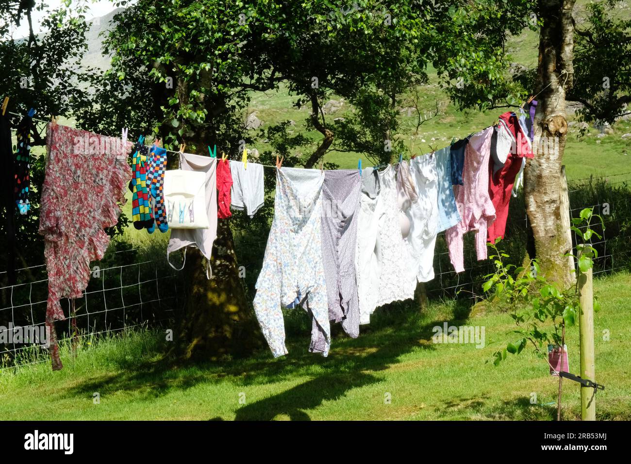 Laundry drying outdoors on a garden washing line Stock Photo Alamy