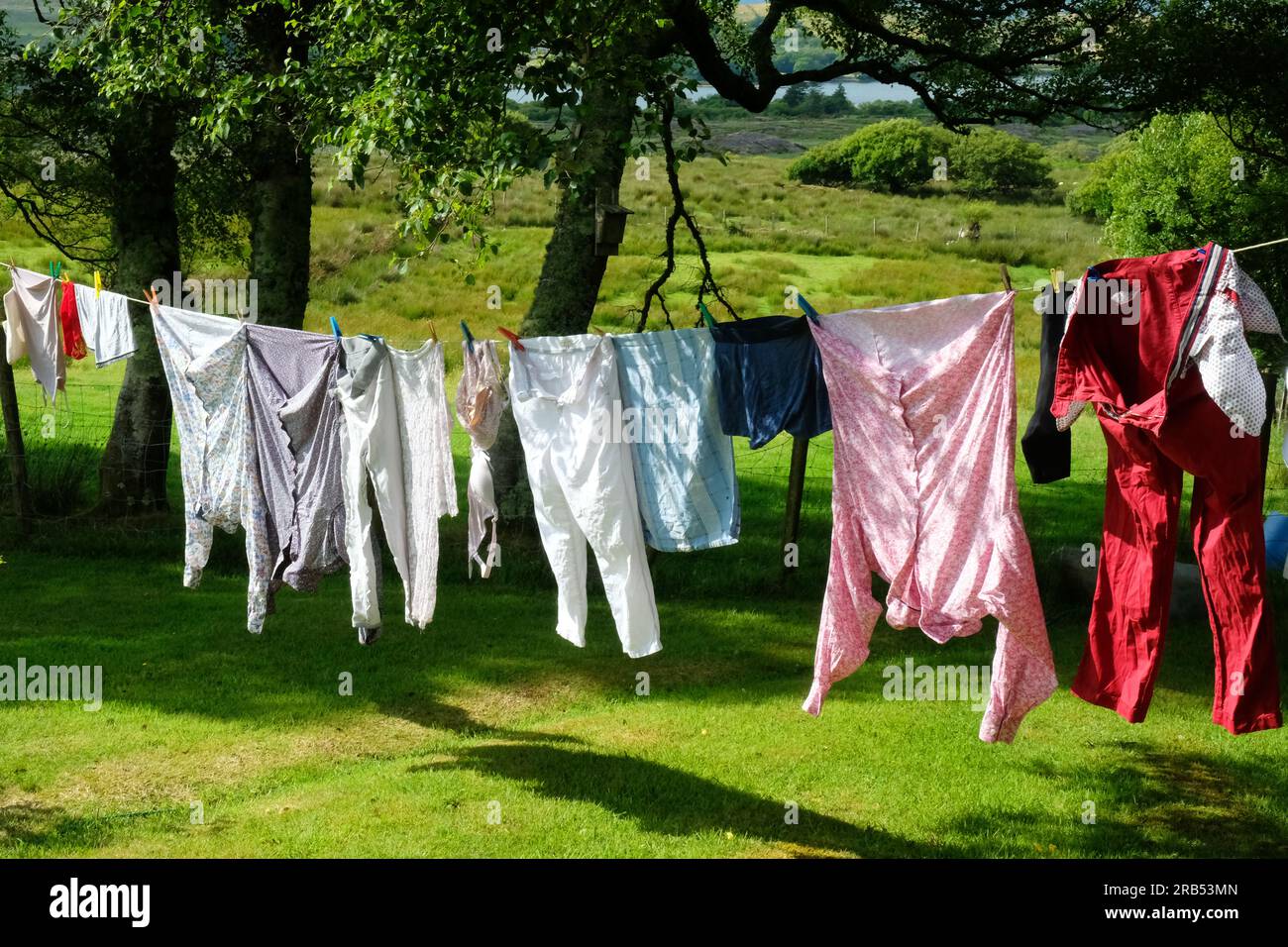 Laundry drying outdoors on a garden washing line Stock Photo Alamy