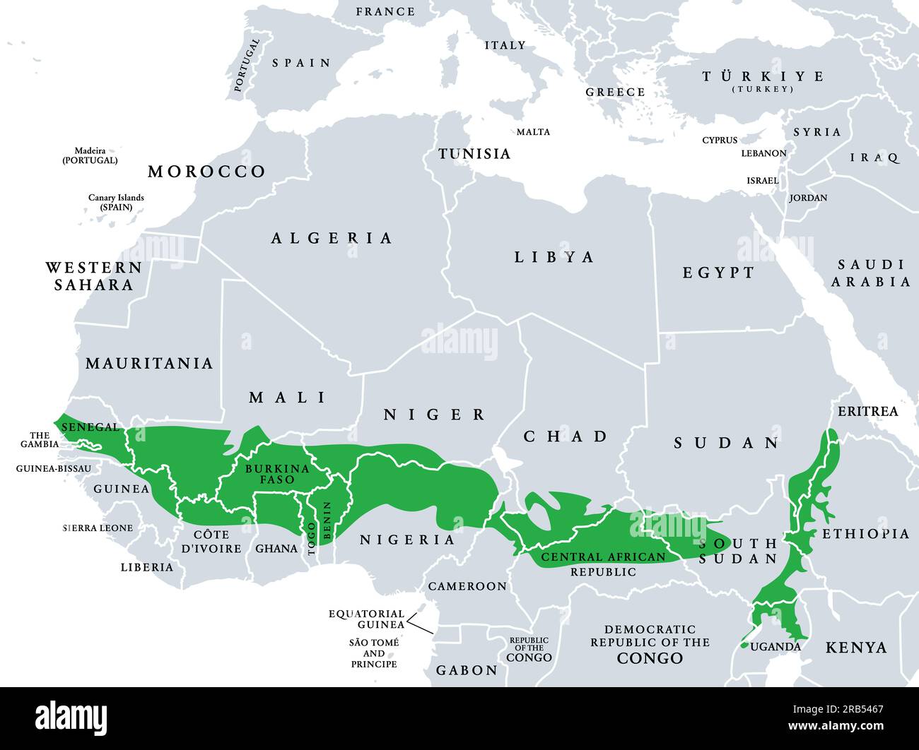 Sudanian savanna, political map. Belt of tropical savanna across the African continent, divided into two ecoregions - West and East Sudanian savanna. Stock Photo