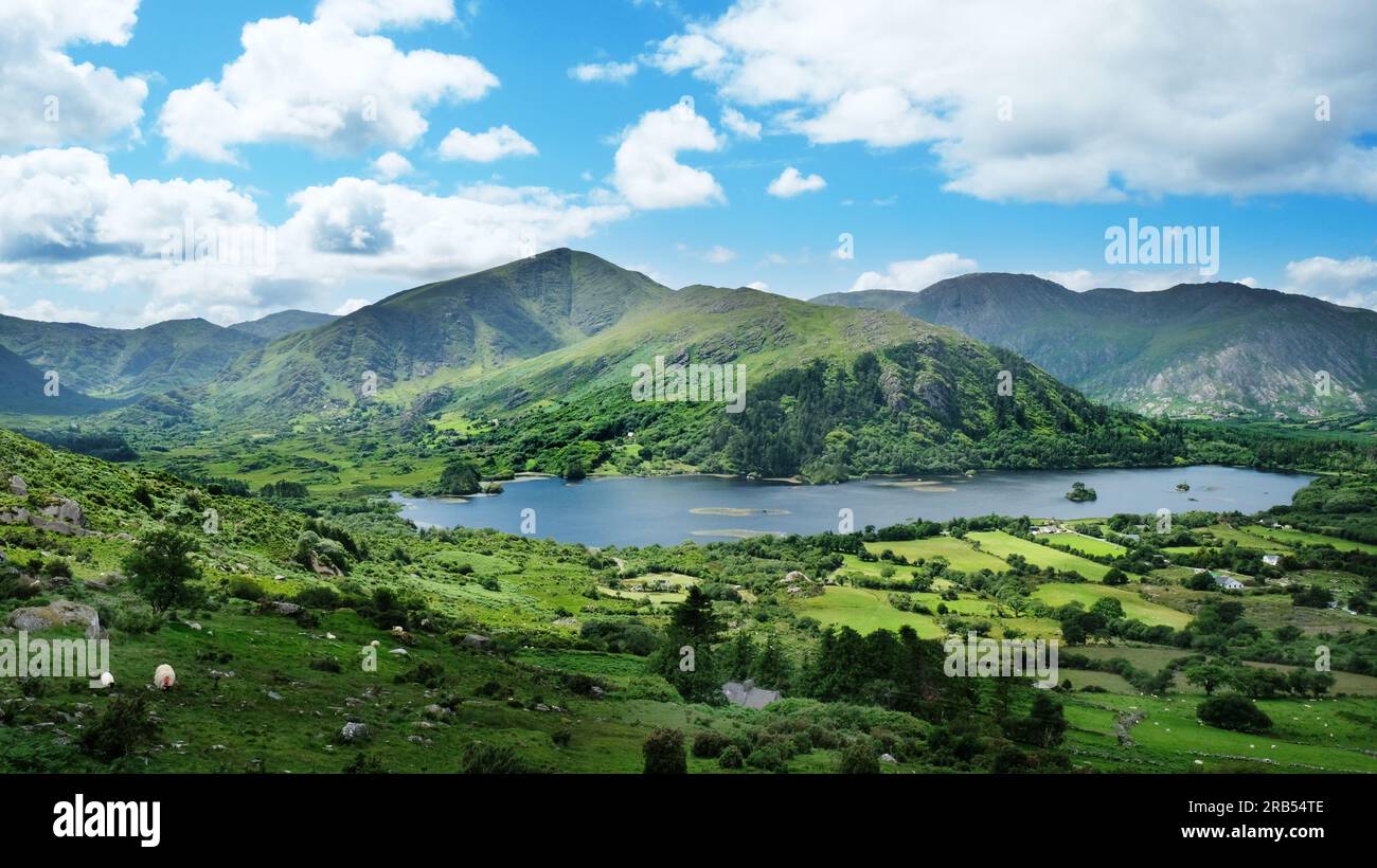 View of Glanmore lake taken from The Healy Pass, County Kerry, Ireland - John Gollop Stock Photo