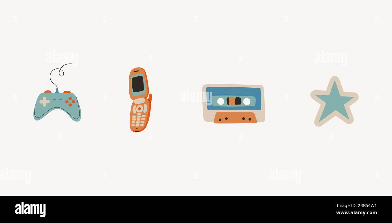 Set of retro elements from the 80s and 90s. Video game joystick, star, clamshell mobile phone, audio cassette. Vector flat trend illustration. Stock Vector