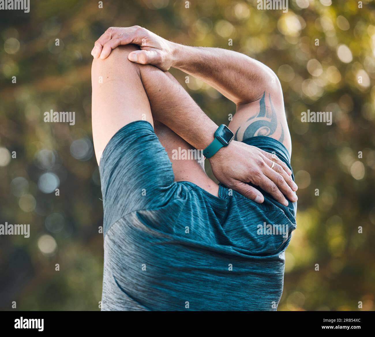 Arm stretching, outdoor and man in a park with sport injury and muscle