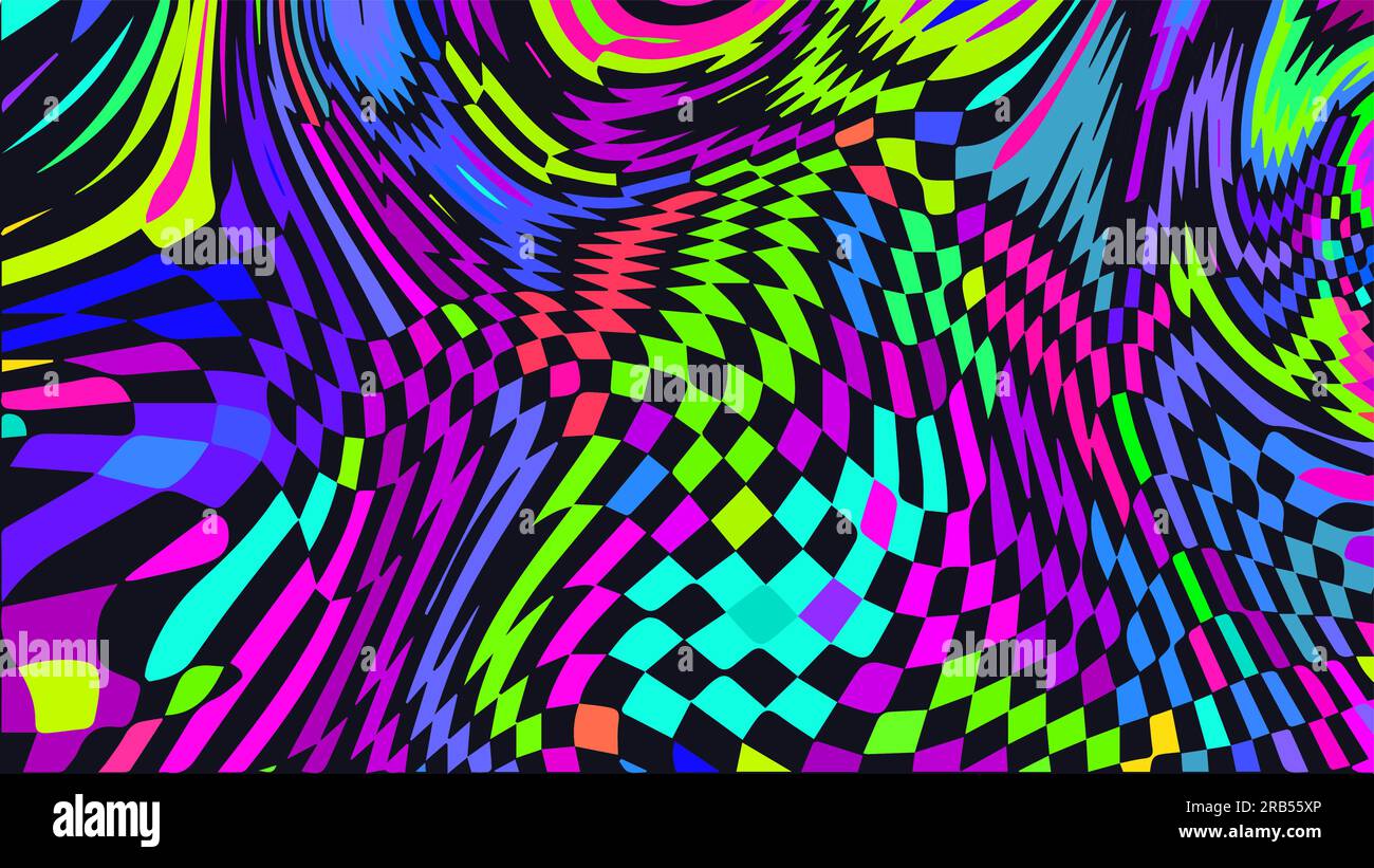 Distorted twisted checkered background. Trippy strip psychedelic pattern. Stock Vector