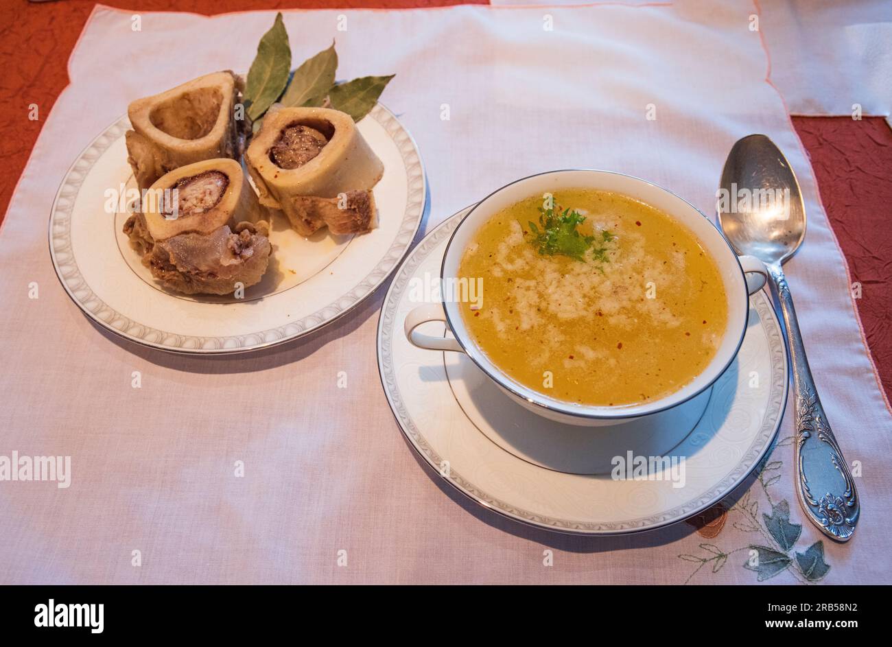 Brain beef bones ossobuco bay leaf and broth with garlic and pepper