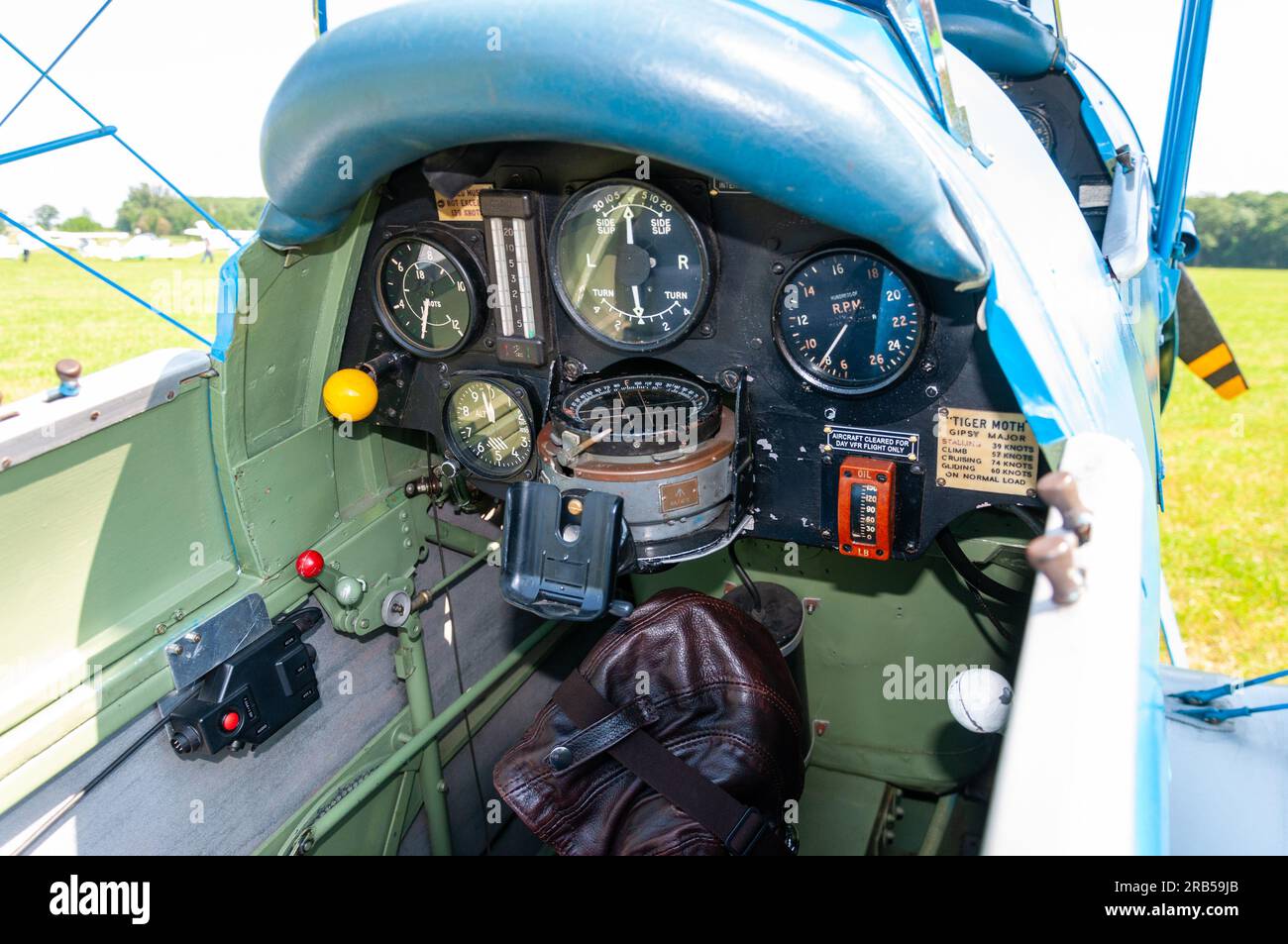 Rear cockpit of a Tiger Moth on display at a wings and wheels event in