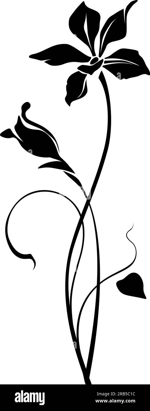 Black silhouette of a flower with stem isolated on a white background
