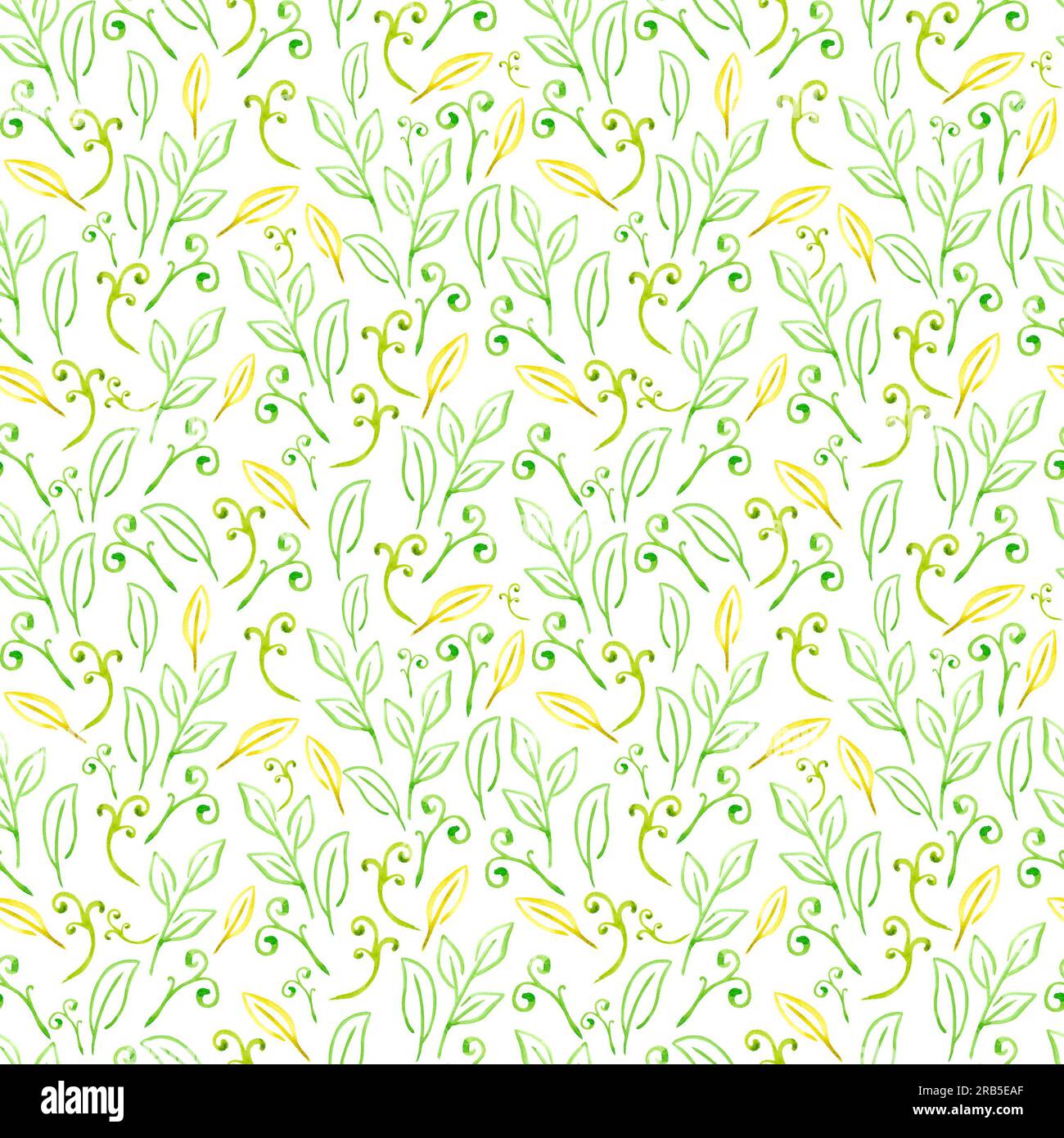 Hand drawn watercolor green leaves and curls seamless pattern isolated ...