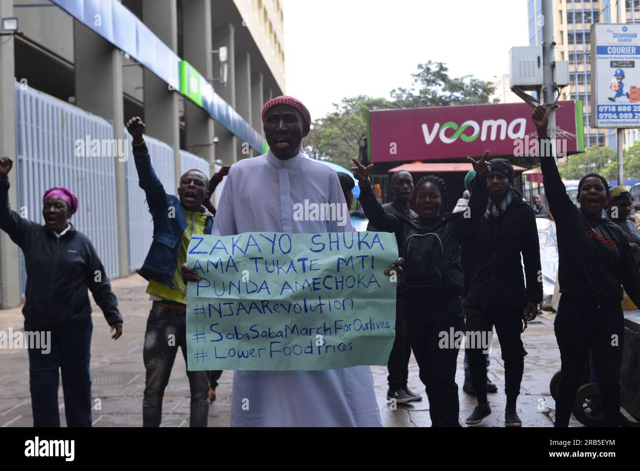 Nairobi, Kenya. 07th July, 2023. Activists chant slogans while holding placards during an anti-government protest dubbed 'Saba Saba' within the Central Business District of Nairobi. Credit: SOPA Images Limited/Alamy Live News Stock Photo