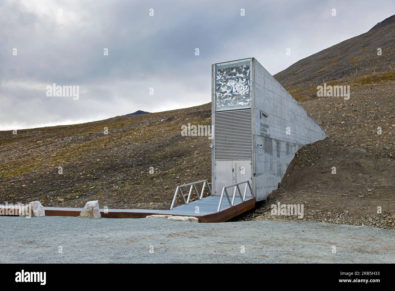 Entrance to the Svalbard Global Seed Vault, largest seed bank in the world and backup facility for the crop diversity near Longyearbyen, Spitsbergen Stock Photo