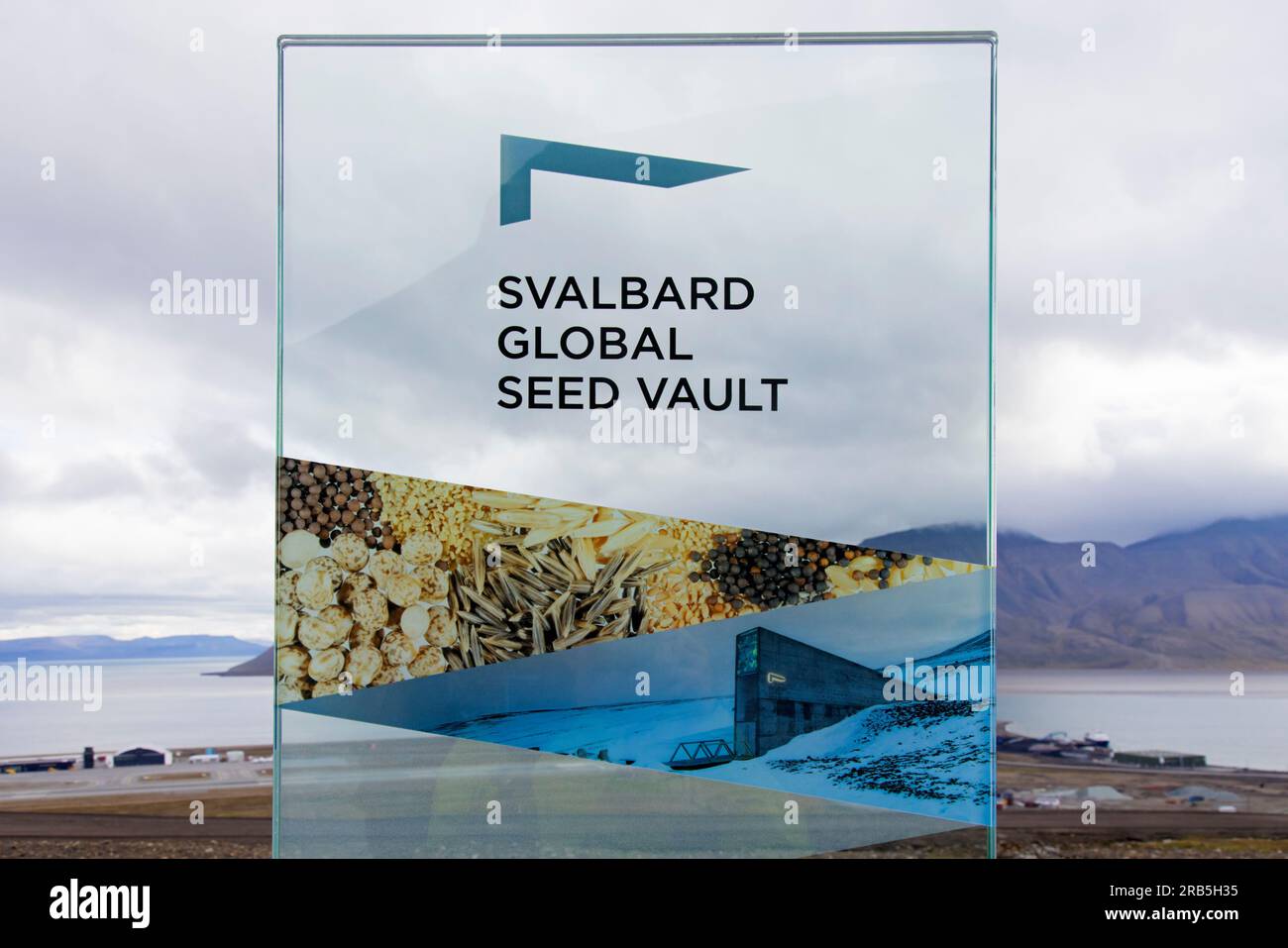 Sign of the Svalbard Global Seed Vault, largest seed bank in the world and backup facility for the crop diversity near Longyearbyen, Spitsbergen Stock Photo
