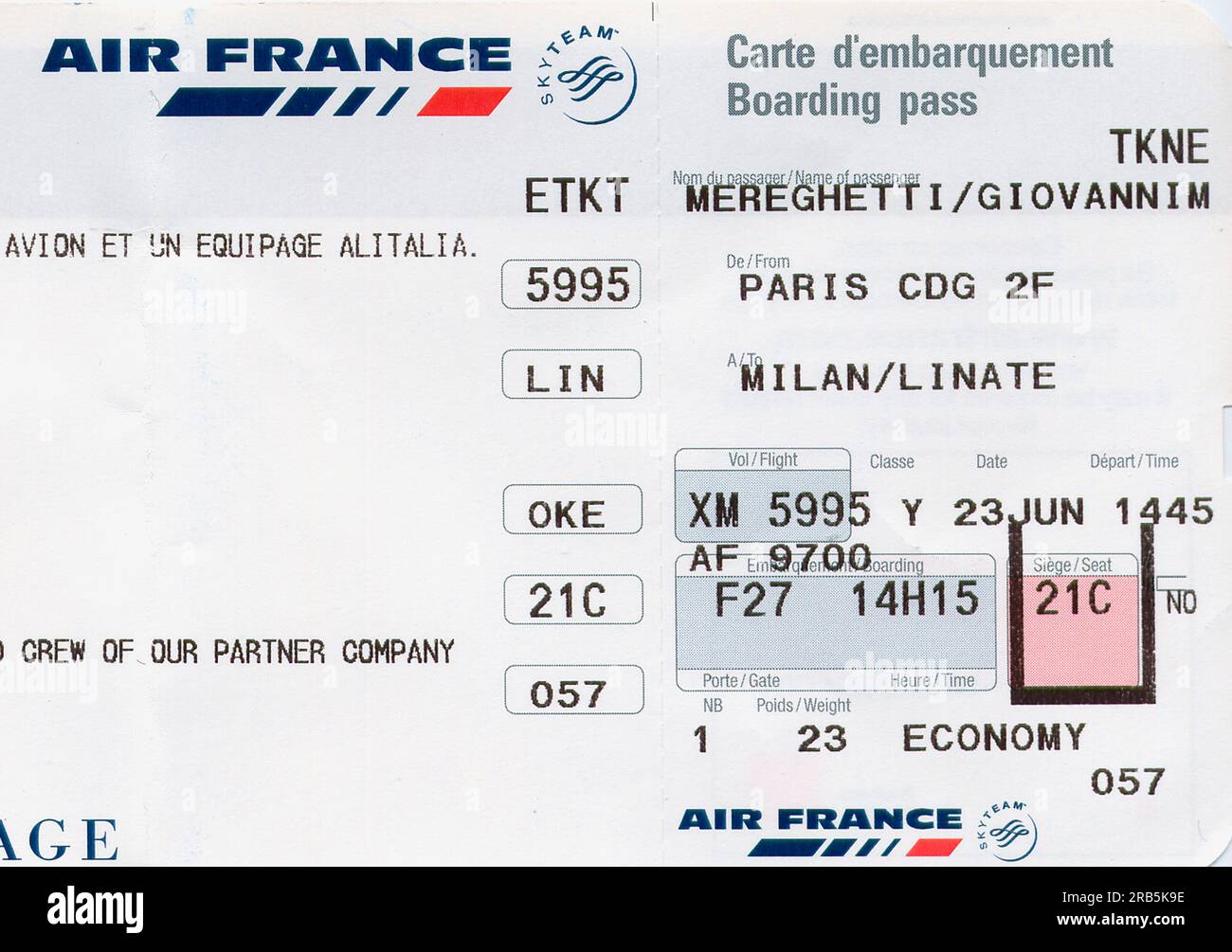 Boarding Pass. Fly From Paris to Milan. Air France Stock Photo