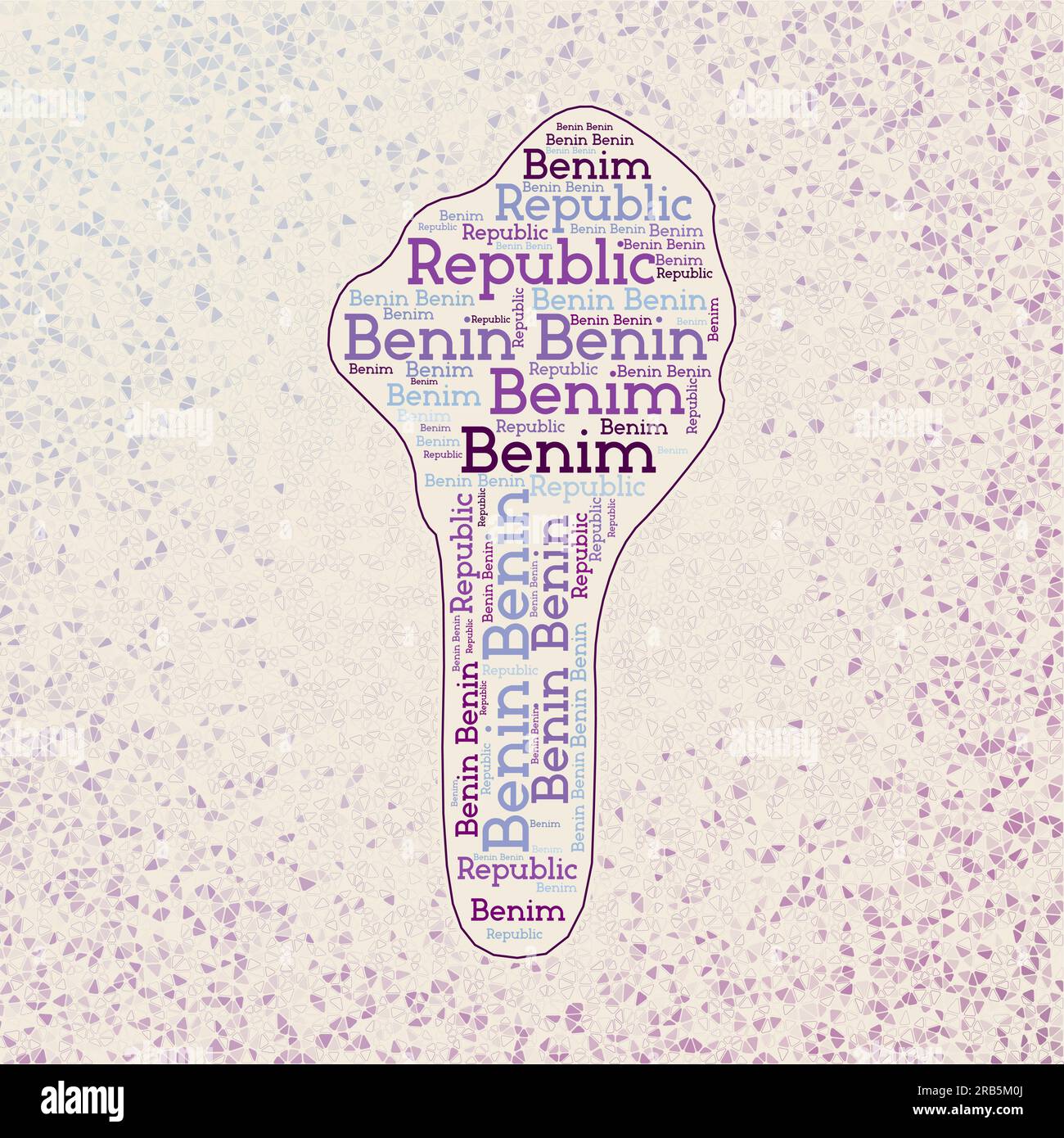 Benin shape with country names word cloud in multiple languages. Benin border map on charming triangles scattered around. Radiant vector illustration. Stock Vector