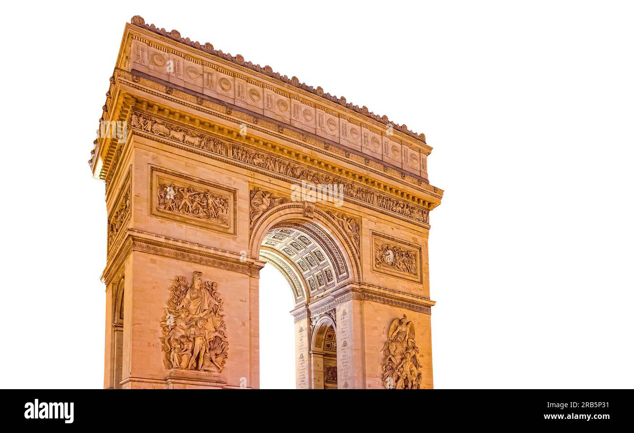 Arc de Triomphe (carved on white background), Paris, France. The
