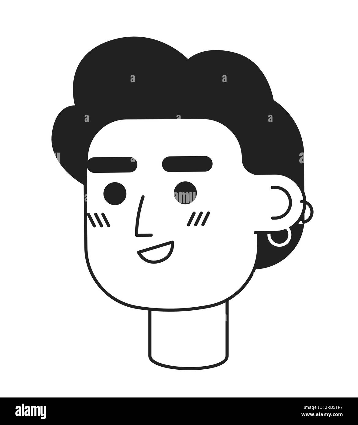 Curly Haired Man With Earrings Monochrome Flat Linear Character Head