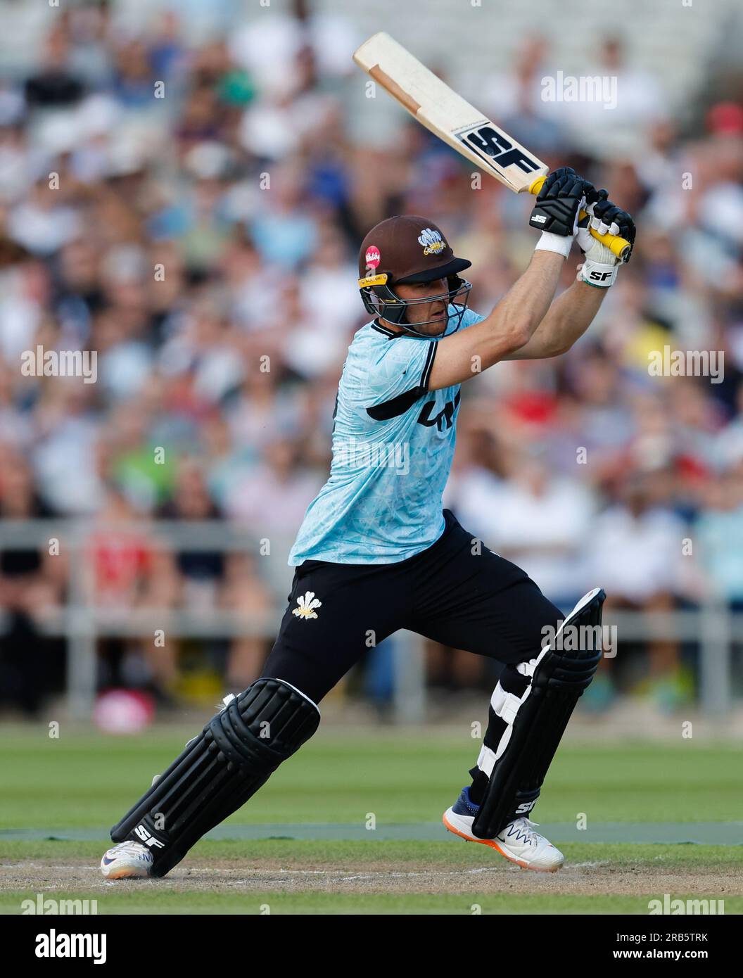 7th July 2023;  Old Trafford Cricket Ground, Manchester, England: Vitality Blast T20 League Quarter Final Cricket, Lancashire Lightning versus Surrey;  Laurie Evans of Surrey at bat Credit: Action Plus Sports Images/Alamy Live News Stock Photo