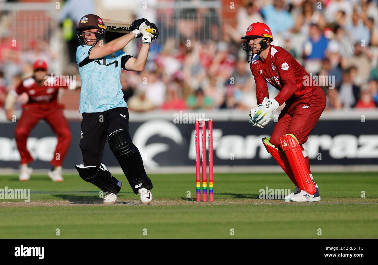 7th July 2023; Old Trafford Cricket Ground, Manchester, England: Vitality Blast T20 League Quarter Final Cricket, Lancashire Lightning versus Surrey; Laurie Evans of Surrey and Jos Butler of Lancashire Lightning Credit: Action Plus Sports Images/Alamy Live News Stock Photo