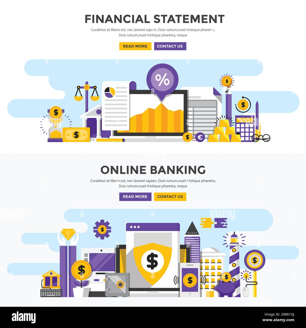 Set of Flat Design Color Banners Concepts for Financial Statement and Online Banking. Concepts