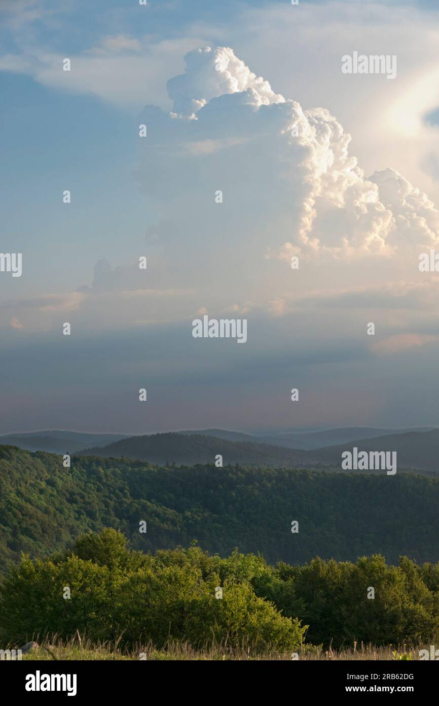Dense, towering vertical cloud, a cumulonimbus, illuminated by the setting sun, over a wooded, hilly landscape in the Vosges Stock Photo