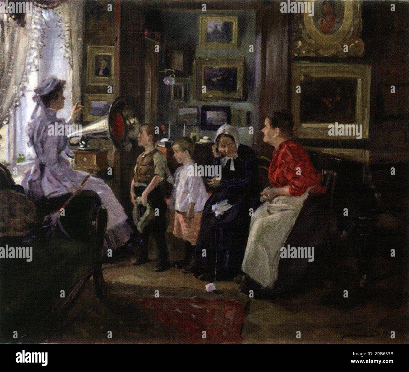Listening to the Gramophone 1910; Russian Federation by Vladimir Makovsky Stock Photo