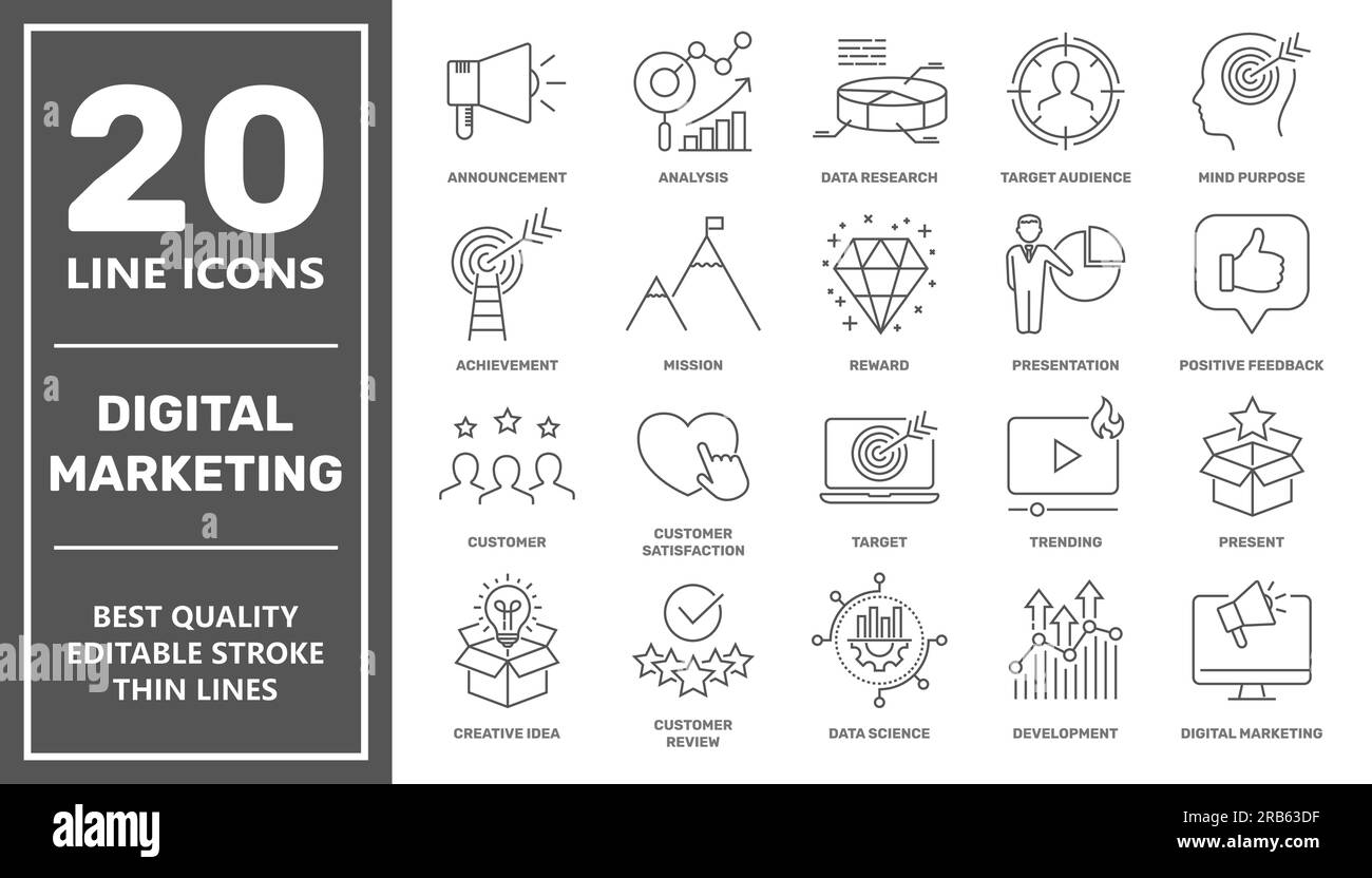 Set of Digital Marketing web icons in line style. Social, networks, feedback, communication, marketing, ecommerce. Vector illustration. Editable Stock Vector
