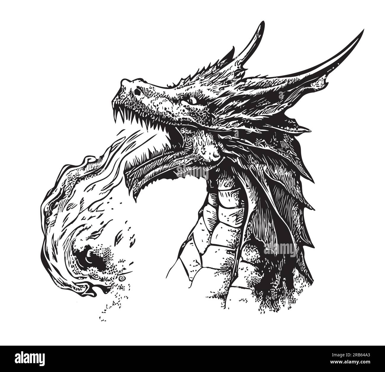 Dragon mystical breathing fire sketch drawn in doodle style illustration Stock Vector