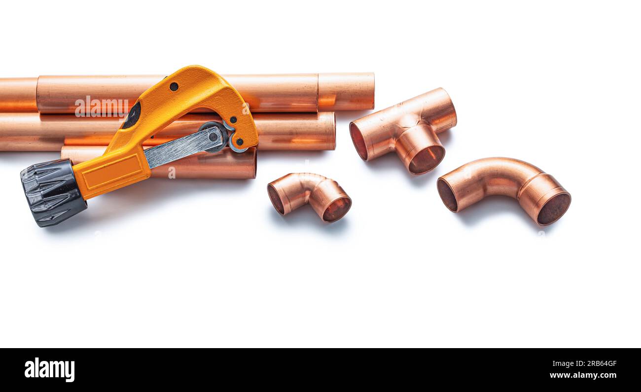 Copper Pipe And Fittings Pipecutter Isolated On White Stock Photo Alamy