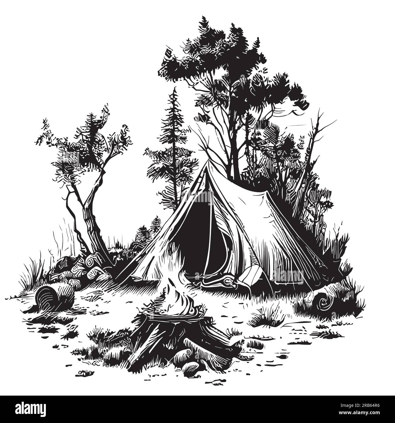 Tent in the forest near the campfire sketch drawn in doodle style ...