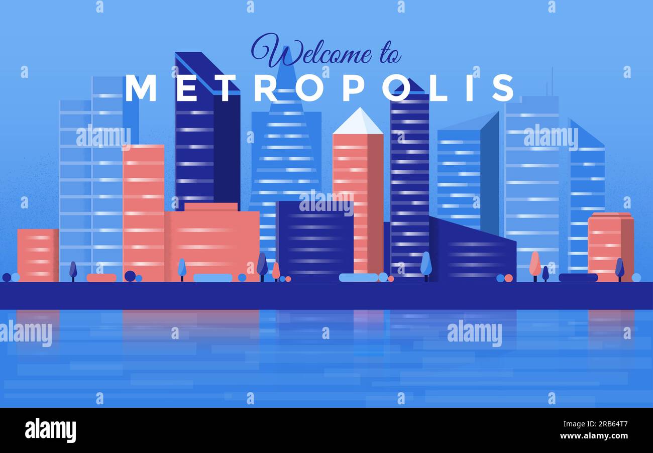 Metropolis with skyscrapers in horizontal illustration. Modern city business center background with futuristic architecture skyscrapers buildings on r Stock Vector
