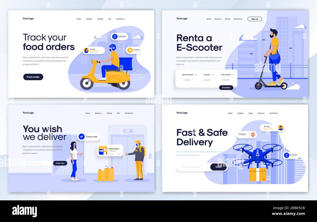 Set of Landing page design templates for Track your food order, Rent a scooter, Delivery and