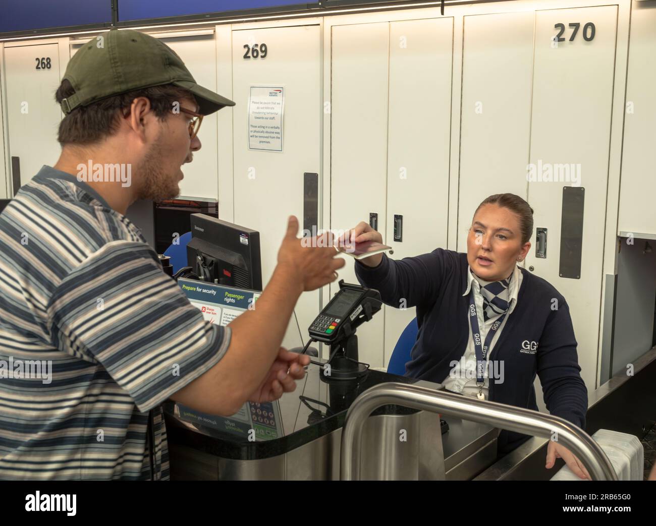 Gatwick Airport, London, UK, 7 Jul 2023. A passenger checks-in for a  flight at Gatwick Airport in London. Thousands of flights in Europe could be delayed or cancelled this summer as air traffic controllers  threaten to strike. Credit: Andy Soloman/Alamy Live News Stock Photo