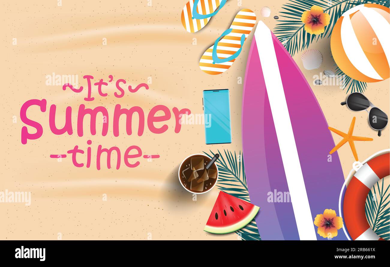 Summer time vector banner background. It's summer time text in beach island  sand with tropical season elements like palm tree, sunglasses and lifebuoy  Stock Vector Image & Art - Alamy