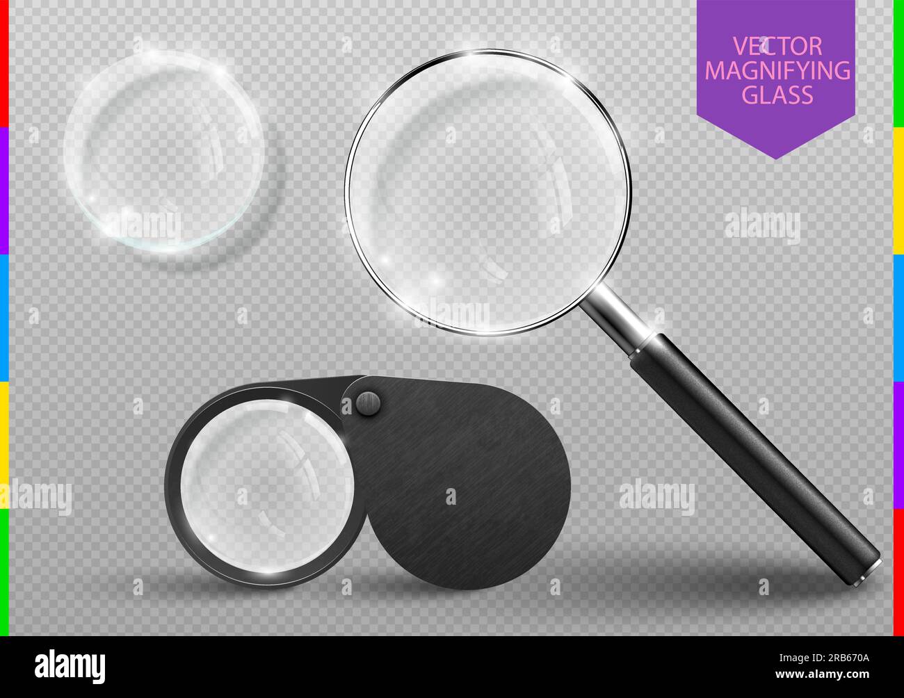 Realistic modern magnifying glass set. Vector Magnifier lens tool