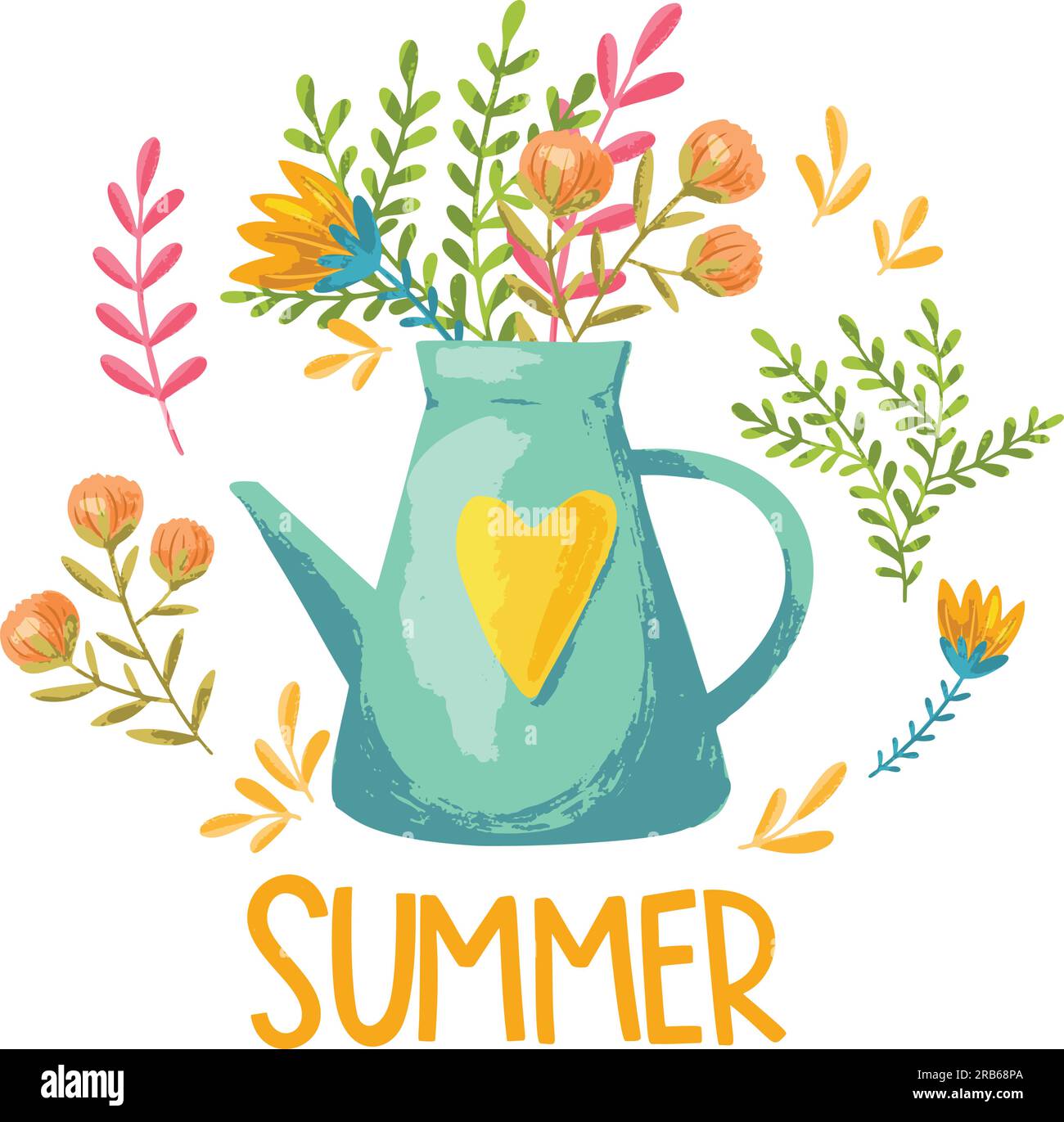 Vector illustration with a beautiful bouquet in the watering can ...