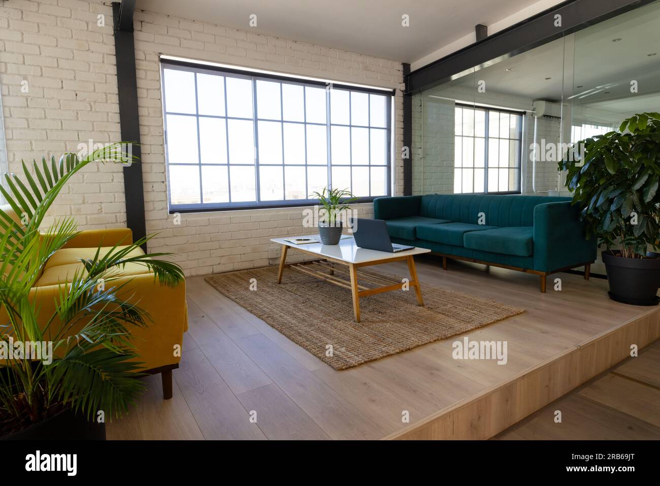 Casual office lounge break out area with sofas, coffee table, plants and big windows, copy space. Business, workspace, interior, creative work and cas Stock Photo