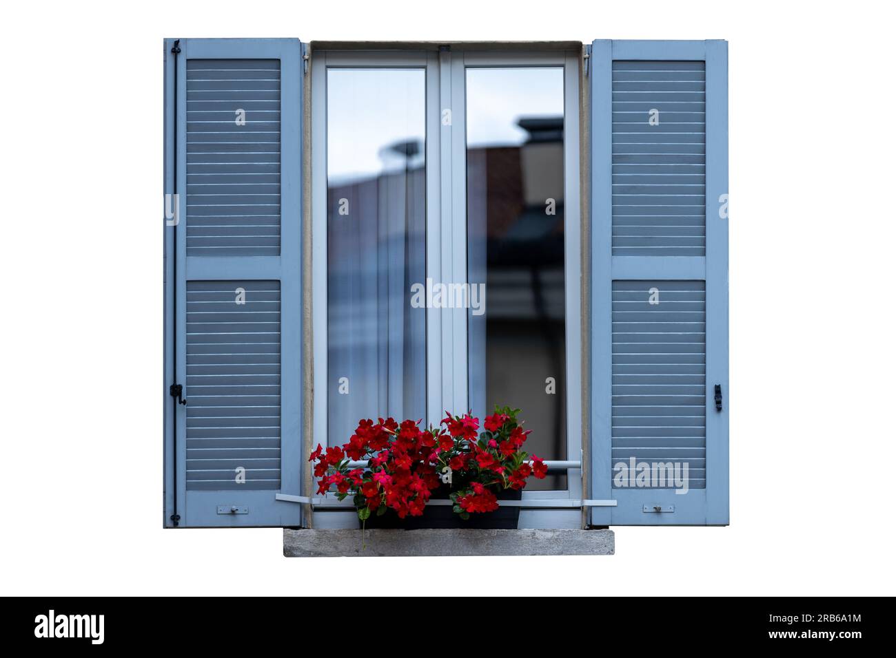 traditional windows with light blue shutters, red flower pot, europe, isolated, white background Stock Photo