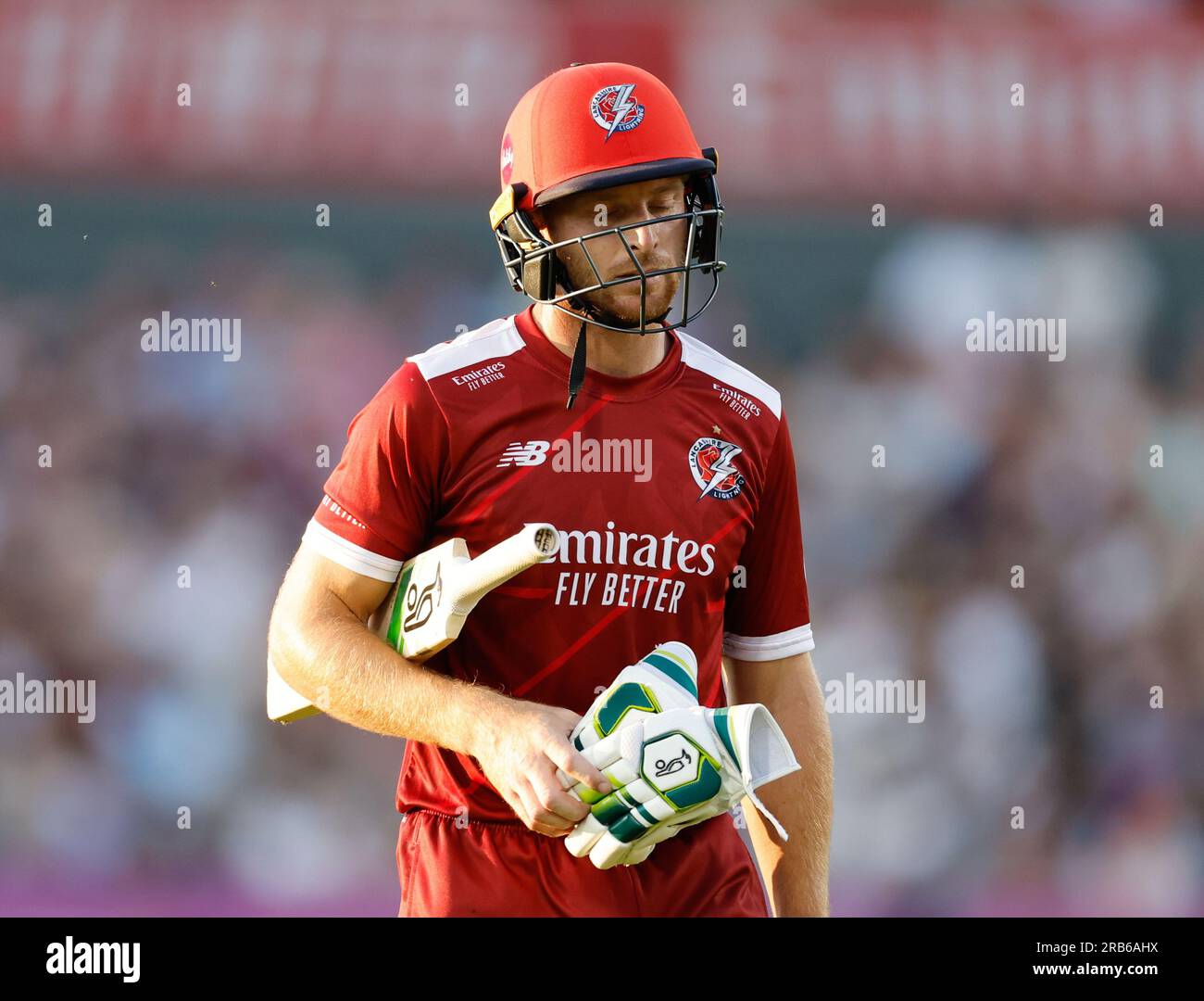 7th July 2023; Old Trafford Cricket Ground, Manchester, England: Vitality Blast T20 League Quarter Final Cricket, Lancashire Lightning versus Surrey; Jos Butler of Lancashire Lightning out for 42 caught by Laurie Evans of Surrey of the bowling of Dan Moriarty Credit: Action Plus Sports Images/Alamy Live News Stock Photo