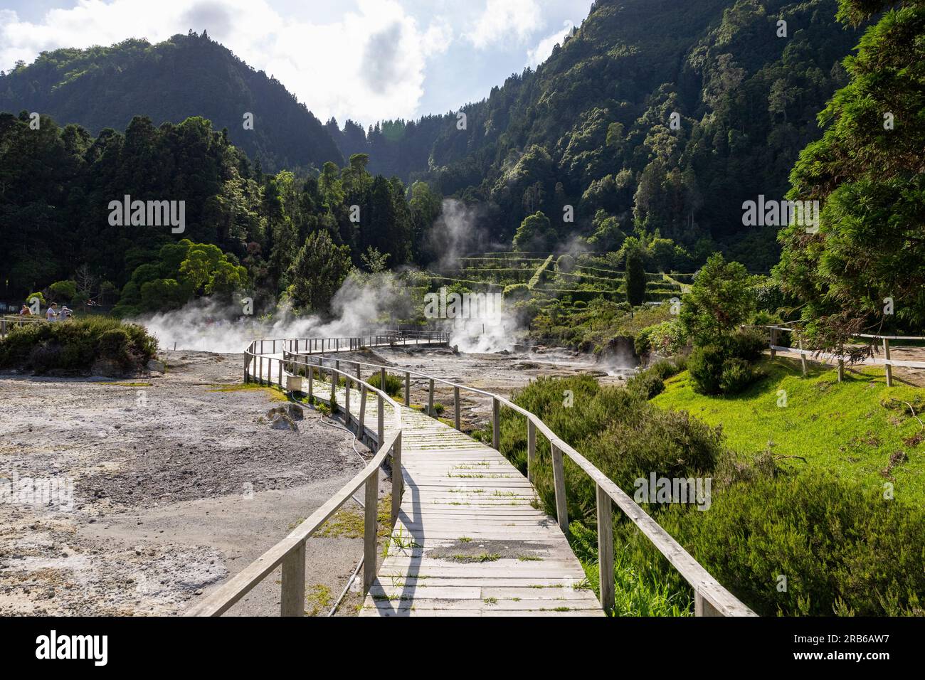 View of Caldera in Furnas Lake 'Lagoa das Furnas'. Caldera is a volcanic steam for cooking food in the hot ground. São Miguel island, Azores, Portugal Stock Photo