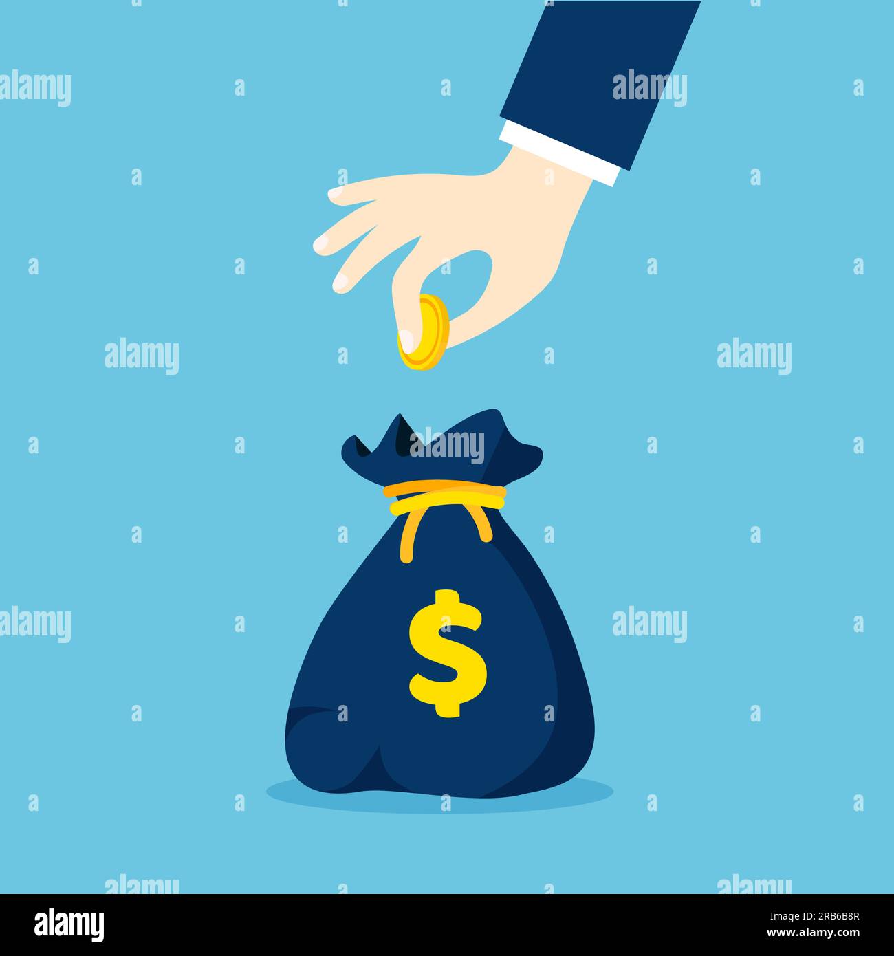 Hand putting gold coin into money bag. Coin squeezed between fingers